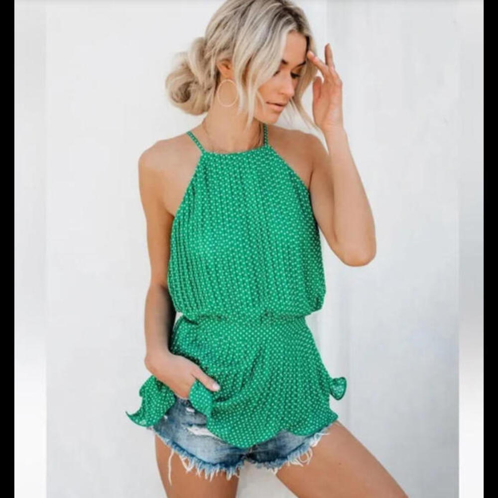 NWT Endless Rose Viera Polka Dot Green Pleated Tie Sleeveless Top